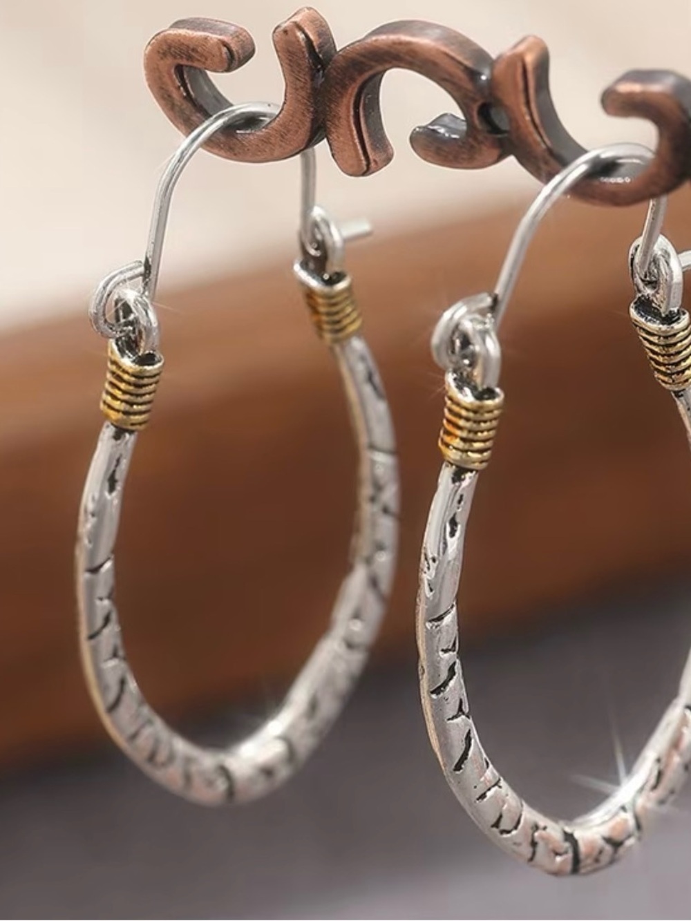 Vintage-Inspired Silver Hoop Earrings with Gold Accent